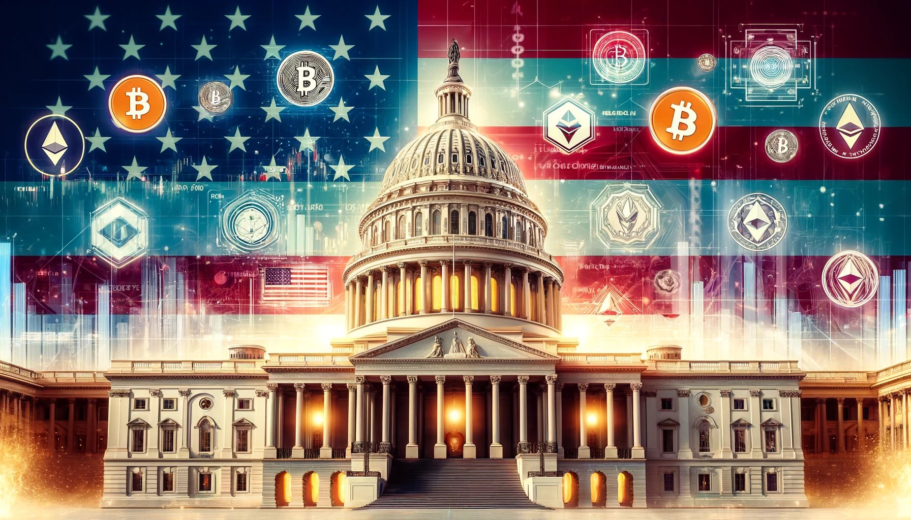 US Capitol building with the USA flag in the background with various Cryptocurrency in the back. 2024 election impact on cryptocurrency