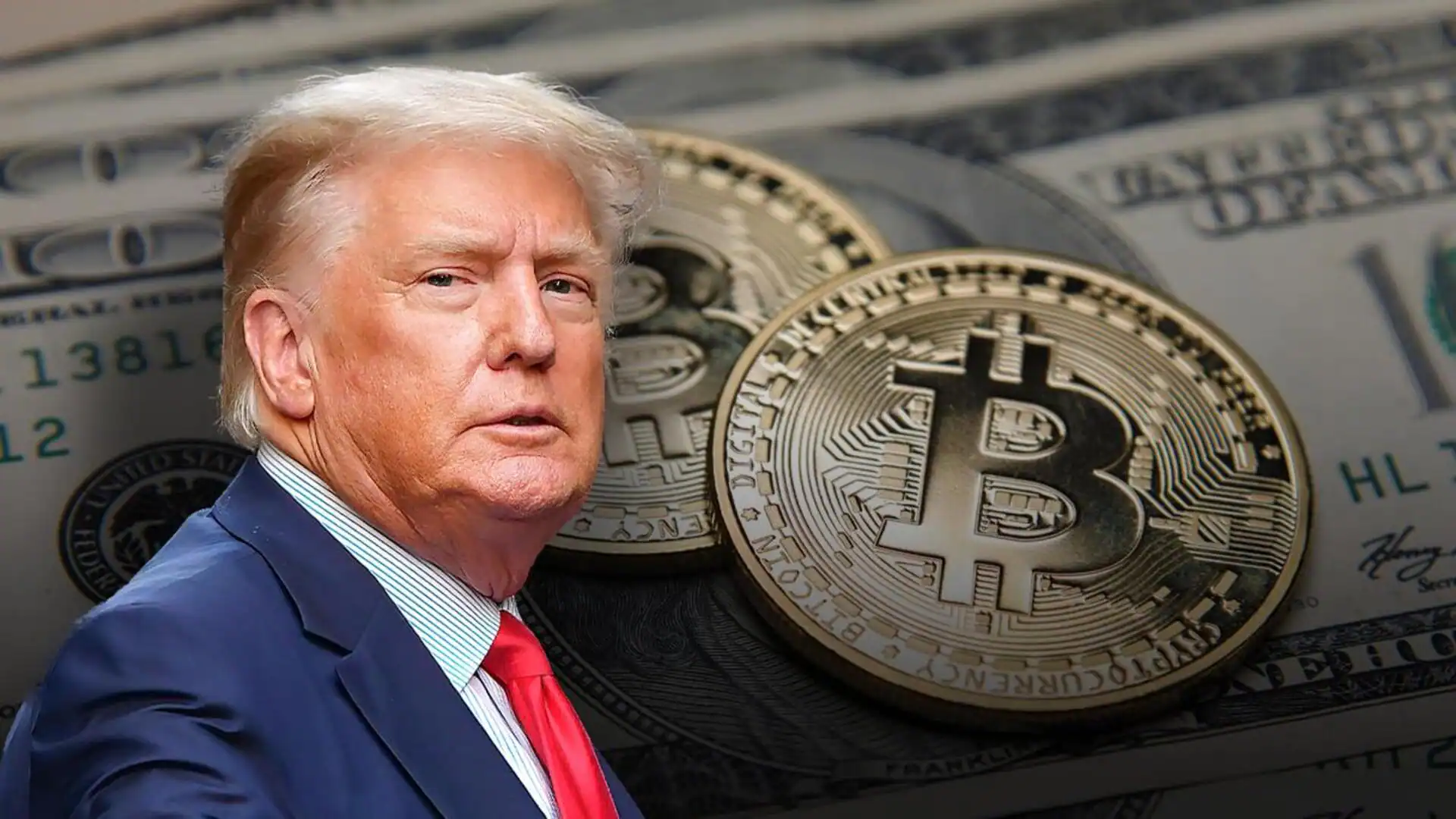 Donald Trump standing in front of Bitcoin. Trump crypto project The DeFiant Ones